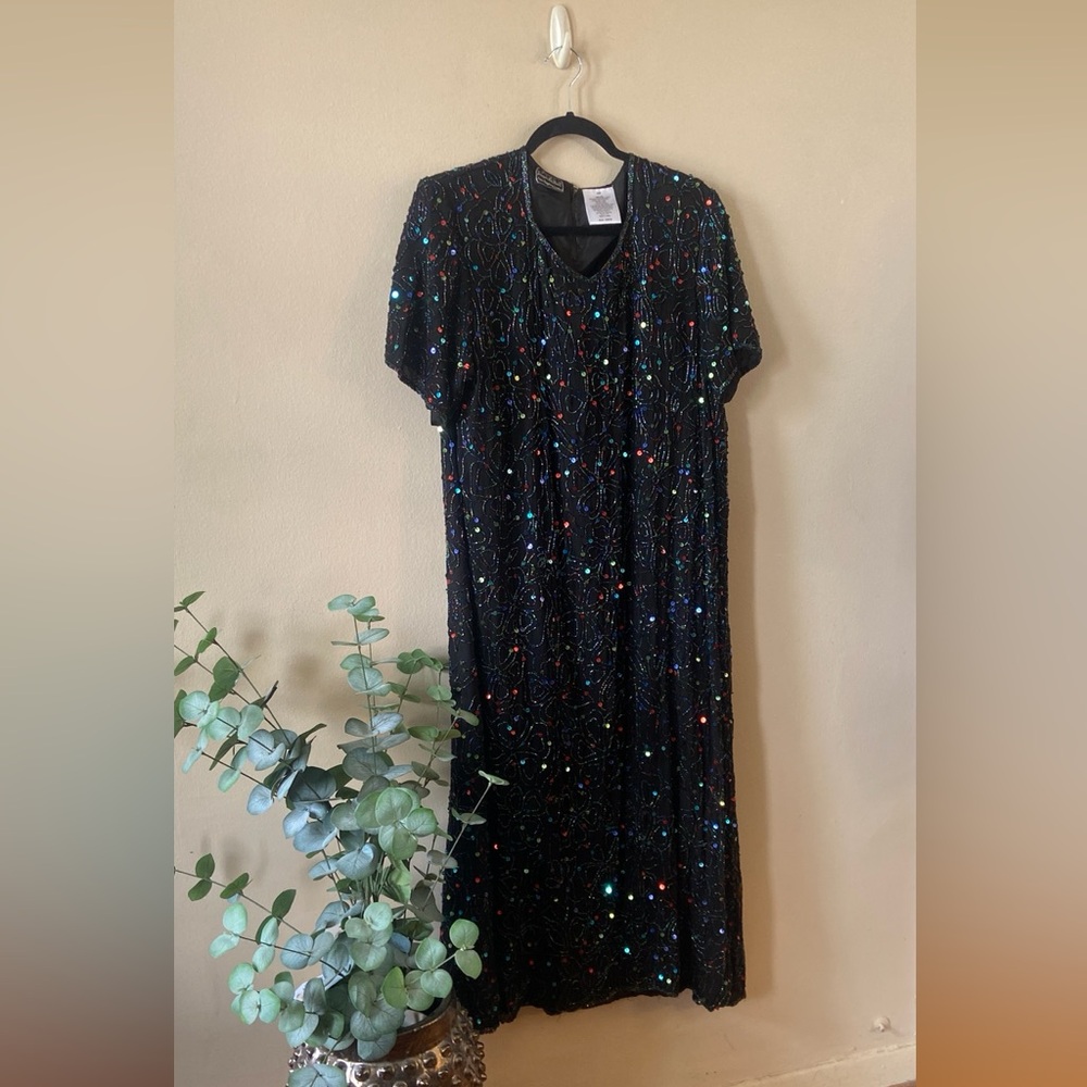 Vintage Joseph Le Bon Silk Beaded Dress 18W Sequin Cocktail Evening Party Black